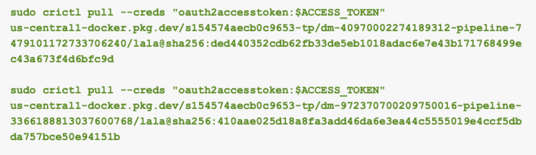 Text showing commands entered in a terminal for pulling Docker images using Credential ID with specific pipeline numbers and alphanumeric codes.