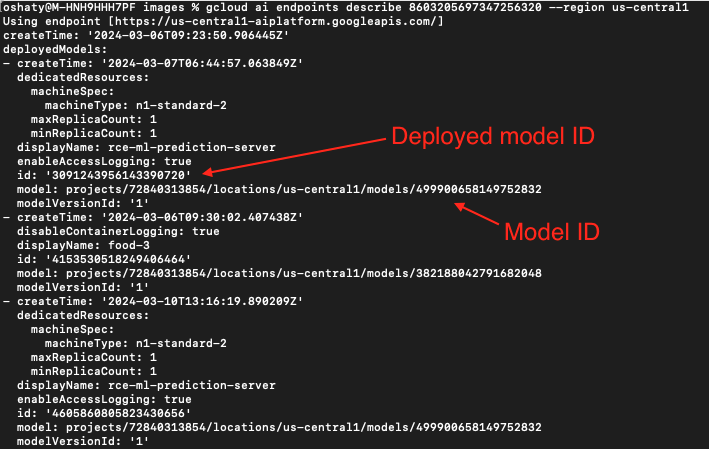 Screenshot of a computer interface displaying information about a deployed machine learning model, including various technical details like model IDs, machine types, endpoints, and deployment status. The background is black. The deployed Model ID and the Model ID are highlighted by red arrows. 