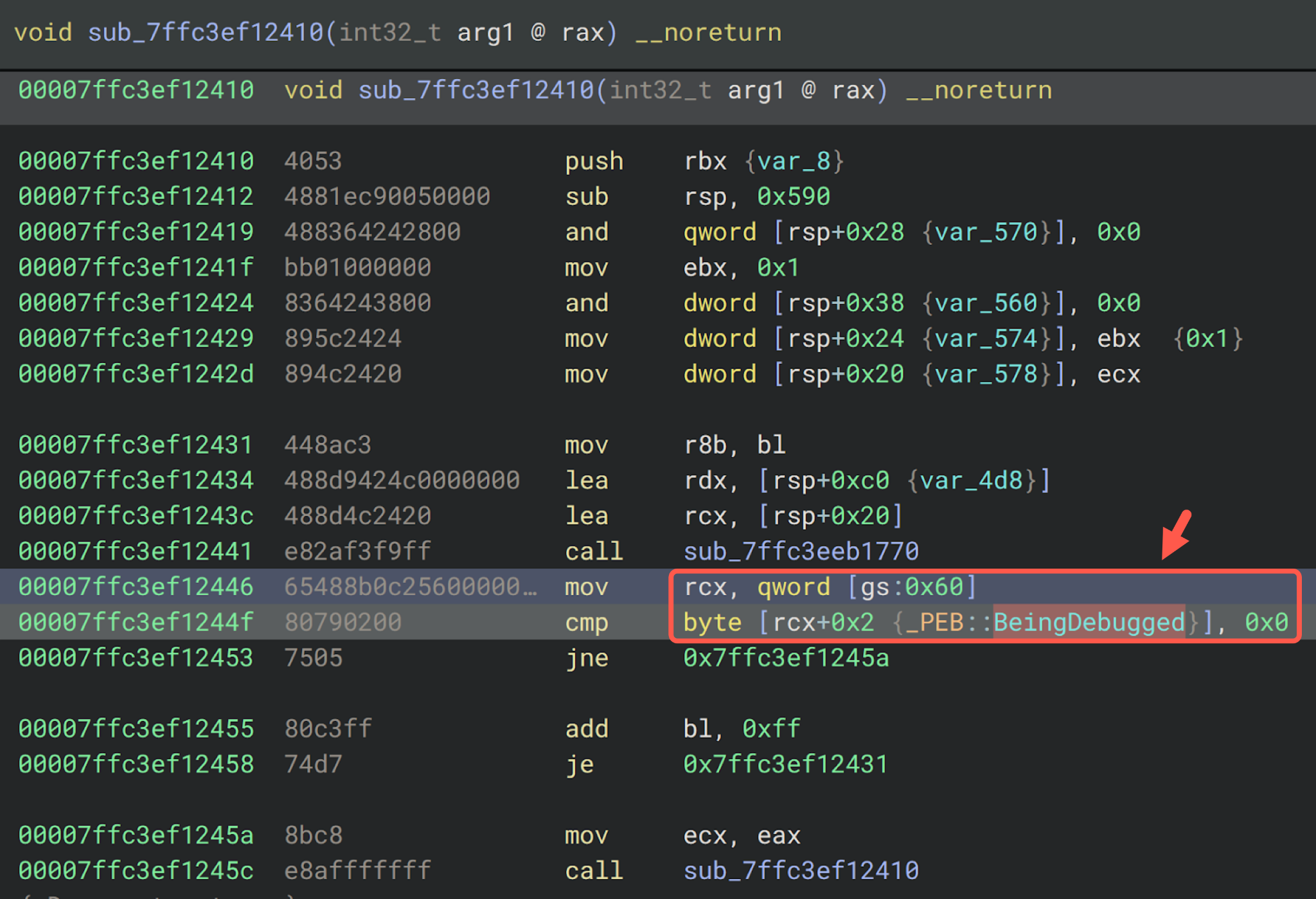 A screenshot of computer code in a debugging program, showcasing lines of assembly language with specific annotations and highlights; a section is marked by a red arrow pointing to the reference "PEB_BeingDebugged" in the code.