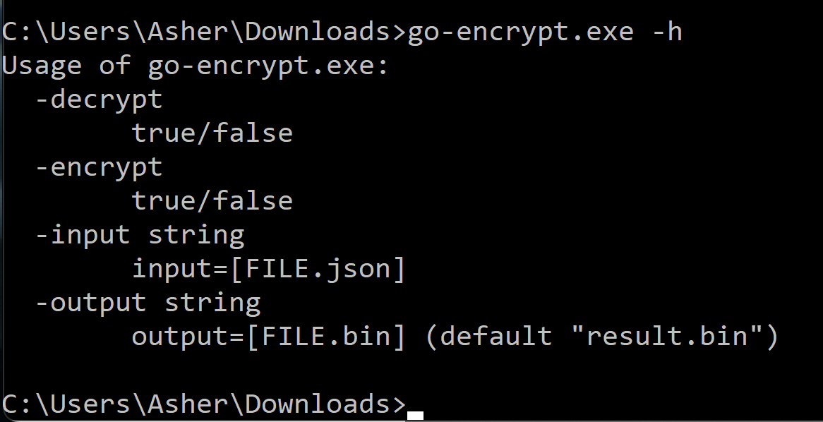 Command line interface on a screen showing the usage instructions for 'go-encrypt.exe', including options for encryption, decryption, and specifying input and output files.