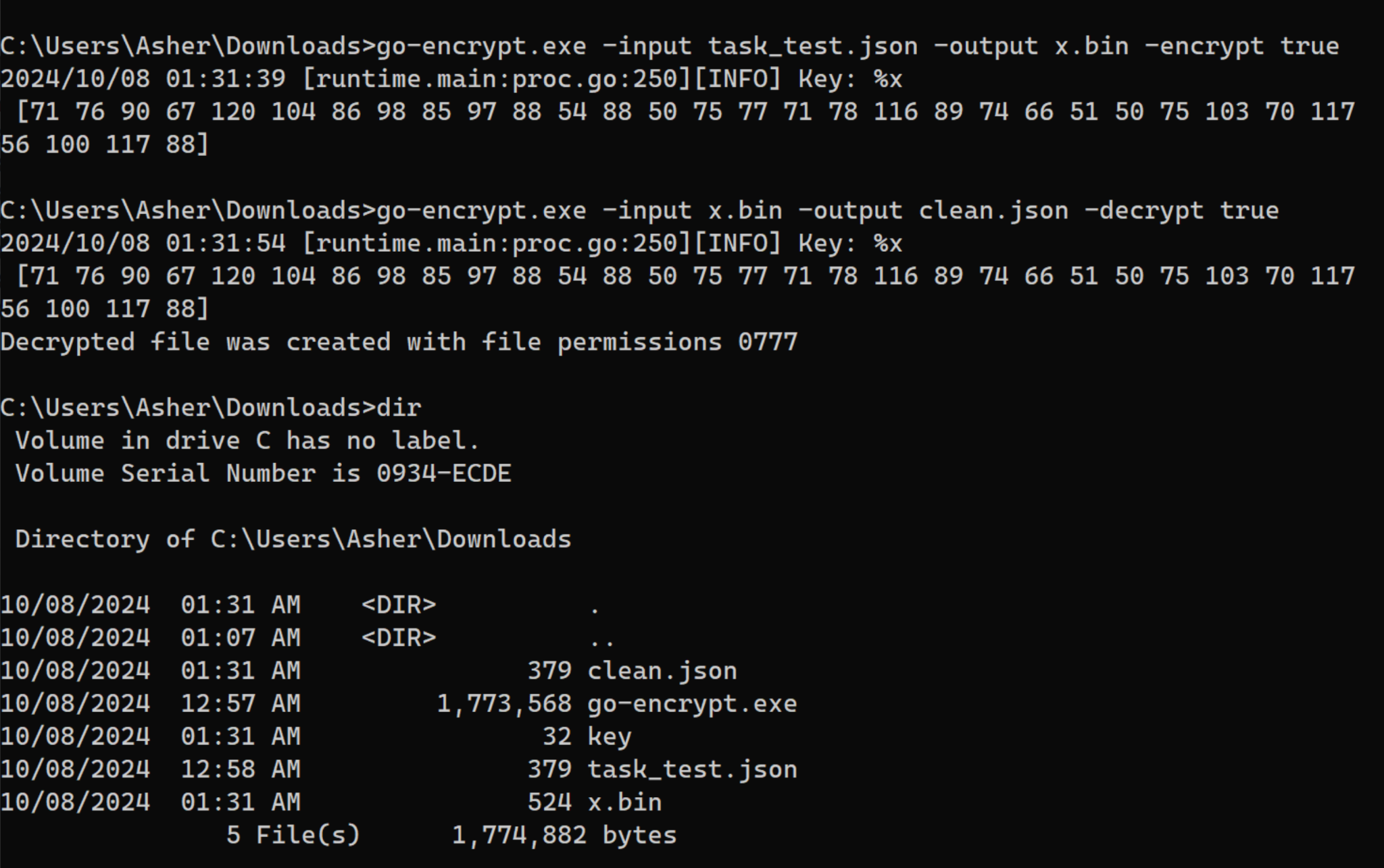 A screenshot of a computer terminal displaying file encryption and decryption commands, including execution of "encrypt.exe" and "decrypt.exe" on various files in the 'Downloads' directory under the user 'Asher'. The terminal lists file details.