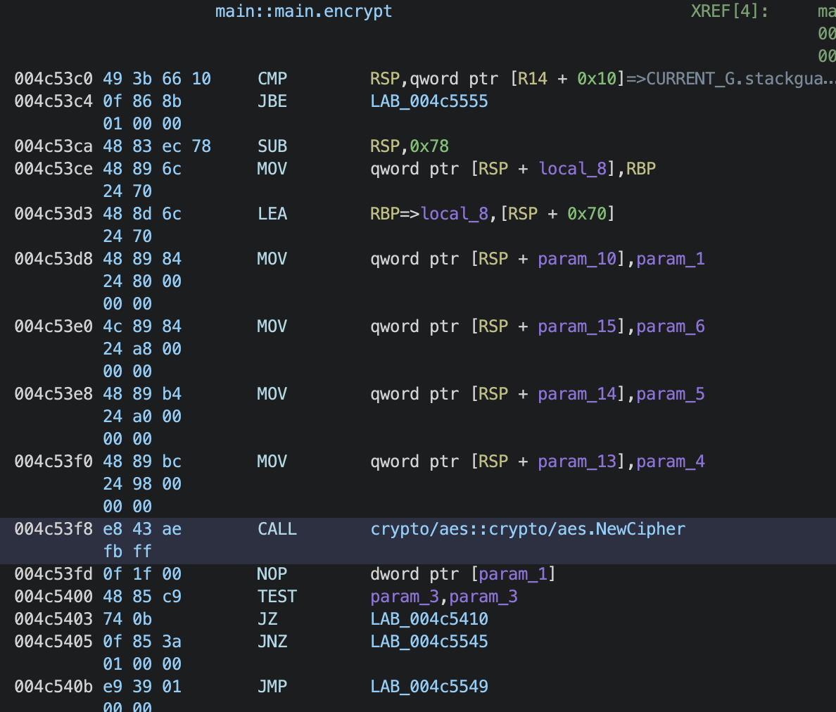 Screenshot of computer code in an assembler-like language, displayed in a text editor with line numbers and hexadecimal values, possibly related to encryption functions.