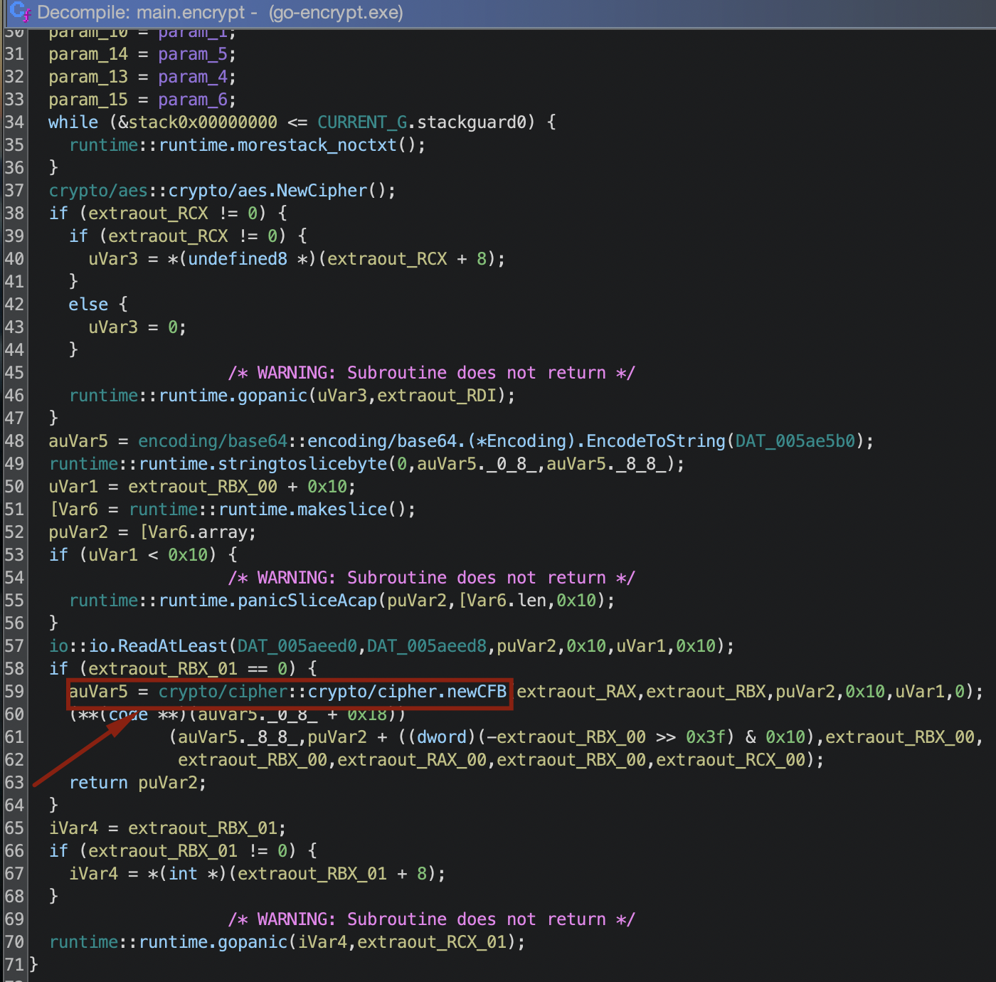 Screenshot of a programming IDE displaying code with variables and functions, mainly written in C++. The code contains several if-else statements, function parameters, and returns, highlighting the logic related to cryptographic operations. Various warnings are commented out within the code indicating potential issues or checks omitted during runtime. A red arrow points to line 59.