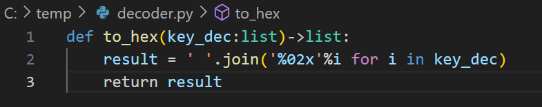 Python code snippet in an IDE showing a function named 'to_hex' that converts a list to hexadecimal format.