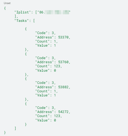 Screenshot of JSON code data displaying an array called 'Tasks' with details of various entries that include 'Code', 'Count', and 'Value' fields. Some information is redacted. 