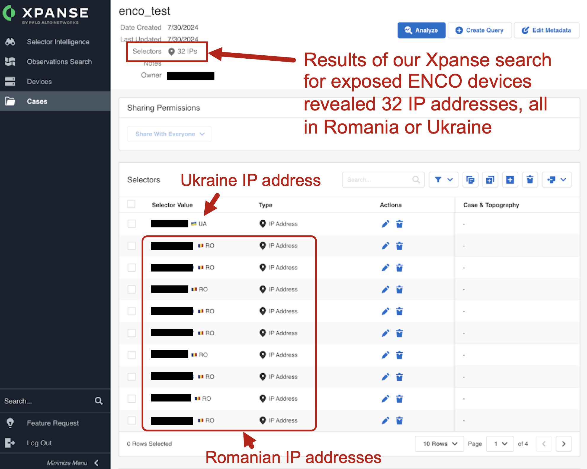 Results of our Xpanse search for exposed ENCO devices revealed 32 IP addresses, a;; on Romania or Ukraine. Screenshot of Cortex XPANSE application interface showing search results for exposed ENCO devices in Romania, revealing 32 IP addresses. Red arrows point to the Ukraine IP address separated from the list of Romanian IP addresses. 