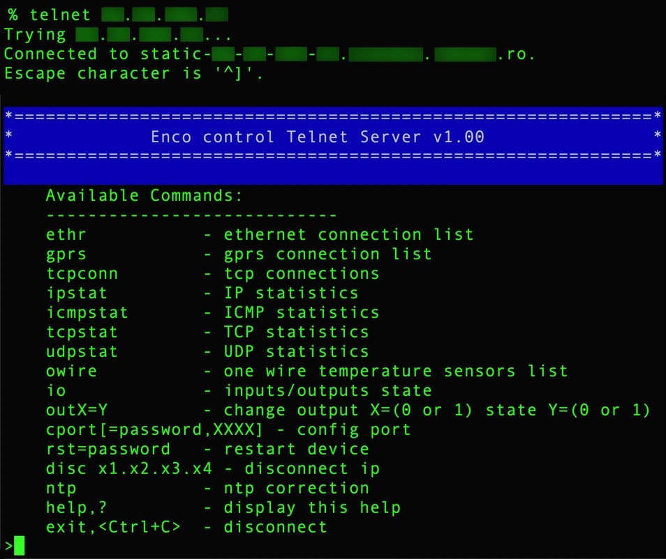 A screenshot of Enco Telnet Server v1.00 interface with a dark background and green text displaying various available network commands, among others, in a command-line interface format. Some information is redacted. 