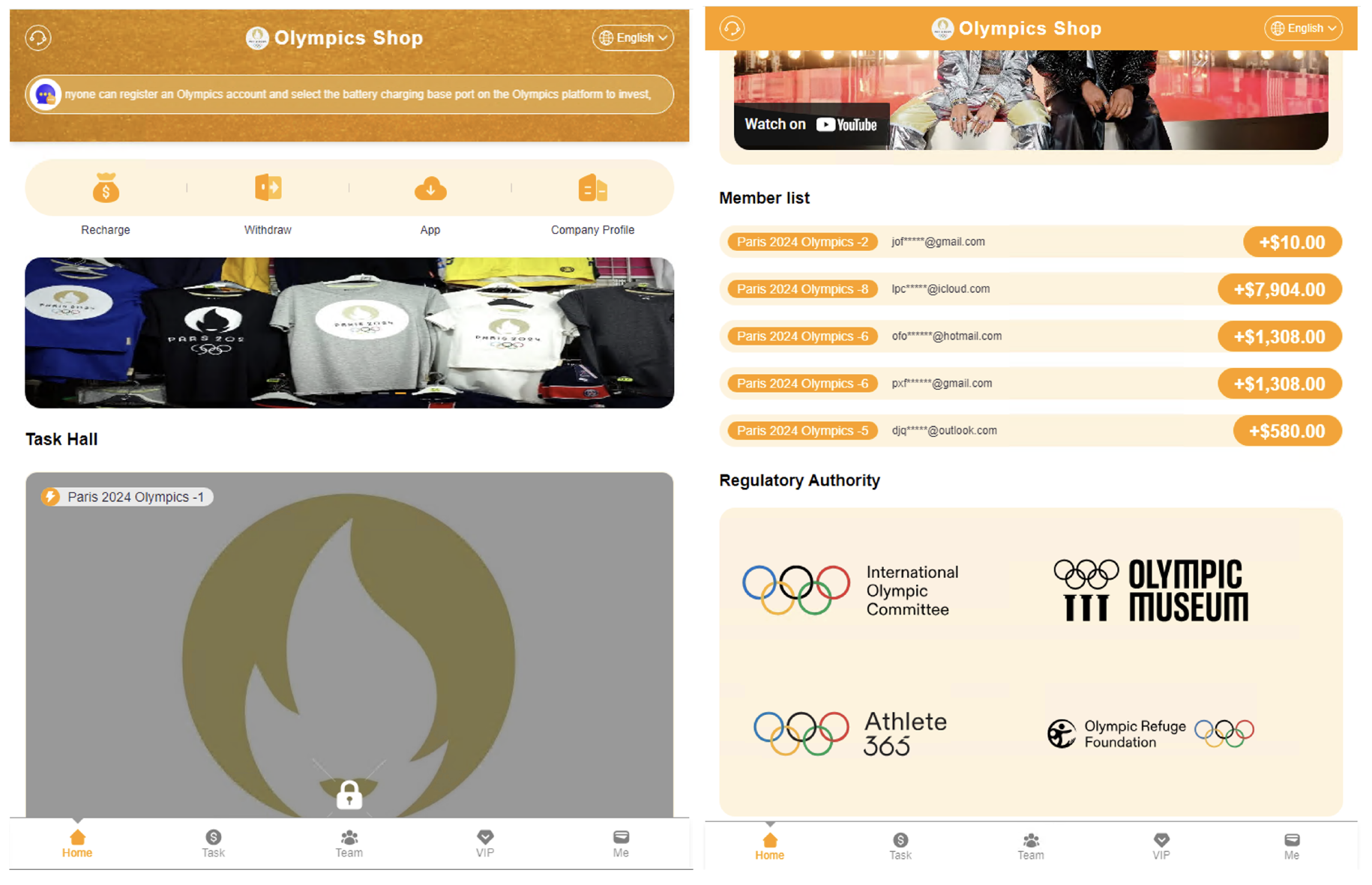 Two screenshots side by side of a webpage interface of a fake Olympics Shop featuring tabs for merchandise, wishlist, and company profile, and a member list section showing names and financial balances. Additional sections include a task hall and logos of the International Olympic Committee, Athlete 365, Olympic Refuge Foundation, and Olympic Museum.