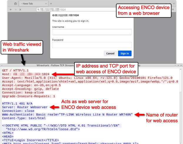 A series of screenshots. The top shows a web browser during a login attempt on a router's web access interface. This is accessing ENCO device from a web browser. The bottom screenshot shows web traffic viewed in Wireshark. It includes the IP address and TCP port for web access of the ENCO device. A red arrow points to the line that acts as a web server for ENCO device web access. Another arrow points to the name of the router for web access. 