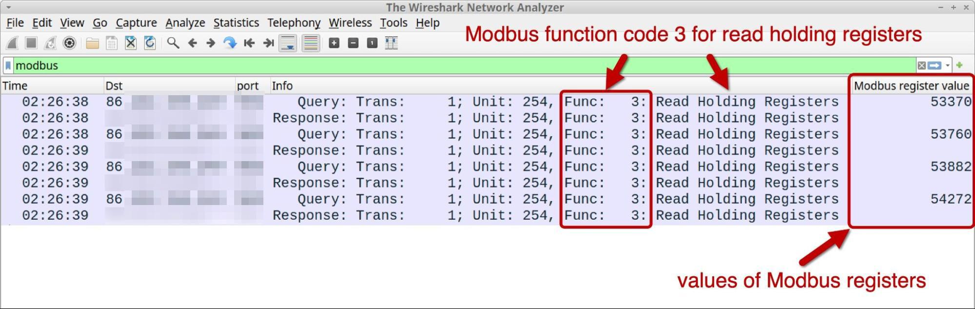 Screenshot of a Modbus function code 3 operation in Wireshark software, displaying multiple queries for reading holding registers with detailed timestamps and values.