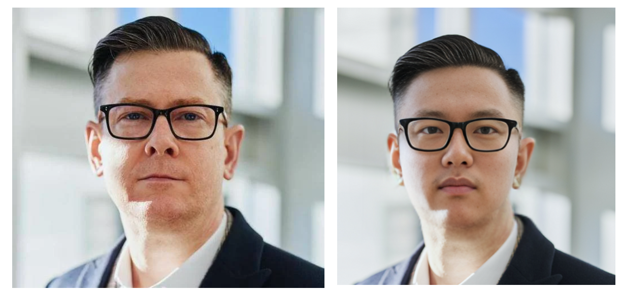 Two professional portraits side-by-side against a blurred office background. There are strong similarities, showing the manipulation of the left photo to transform it into the photo on the right.