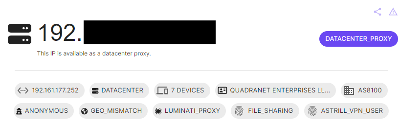 Screenshot showing an IP address labeled as a datacenter proxy (with most of the address redacted), with associated icons and terms such as "anonymous," "geo-mismatch," and "file-sharing." Names include "Luminati Proxy" and "QUADRANET ENTERPRISES LLC." 