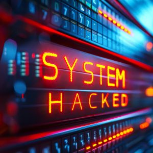 Pictorial representation of attackers leveraging Active Directory or LDAP. Close-up view of a server rack panel with illuminated lights and a digital display reading 'SYSTEM HACKED'.