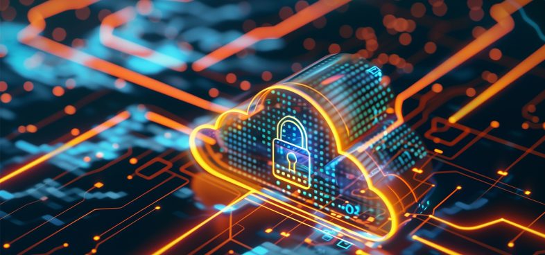 Pictorial representation of vulnerabilities in Azure Data Factory Airflow. Illustration of a digital cloud with a padlock symbol, set against a background of neon circuit board lines.