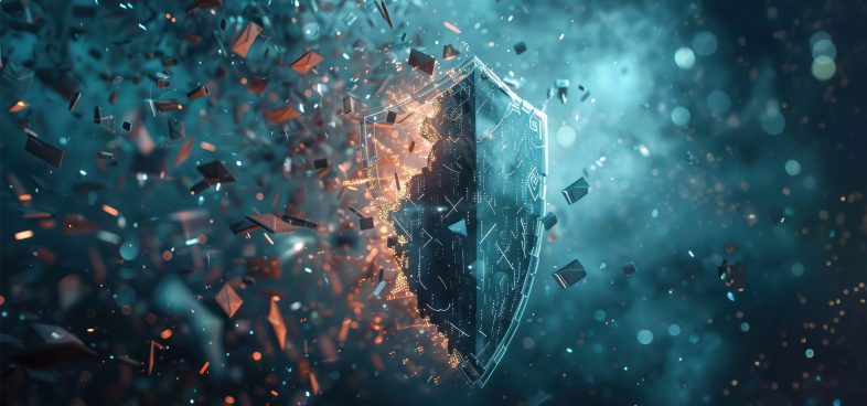 Pictorial representation of a European phishing campaign. A digital artwork depicting a glowing, futuristic shield disintegrating into small fragments against a shimmering blue background.