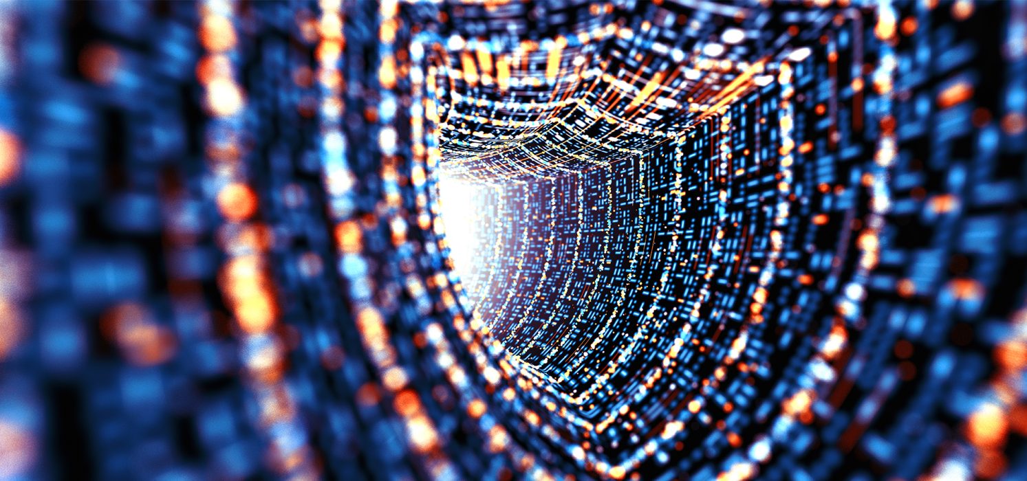 A pictorial representation of a jailbreaking technique. Abstract digital tunnel with glowing blue lights and intricate patterns, representing data or technology.