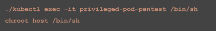 Command line interface displaying Kubernetes commands for a privileged pod test and entering a new root directory.