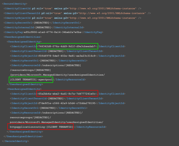 Screenshot of code with highlighted sections indicating the "ClientId" and "TenantID" values. Two lines are highlighted in green and two in red. 