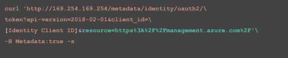 Screenshot of a command line interface using a curl request to the Azure API, including parameters for identity, client ID, resource URL, and metadata settings.