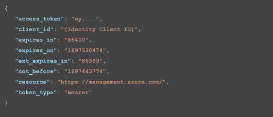 Code snippet displaying an access token response from Microsoft Azure, including keys for client ID, expiration times, and token type.