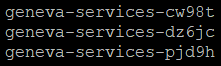 Text displaying three lines of code, each beginning with "geneva-services" followed by a unique suffix: cw98t, dz6jc, pjd9h.