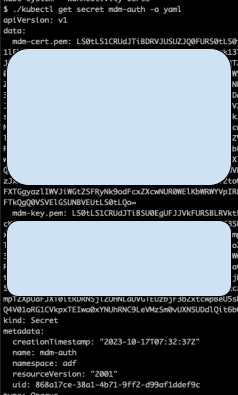 A screenshot displaying commands and outputs on a computer terminal, including interactions with Kubernetes showing secret management commands. The visible text features keys and metadata. 