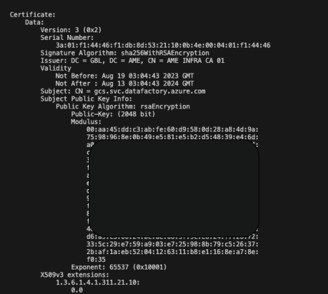 Screenshot of a digital certificate displaying various encryption and authentication details including serial number, issuer, validity dates, and other security algorithms. Some information is redacted. 