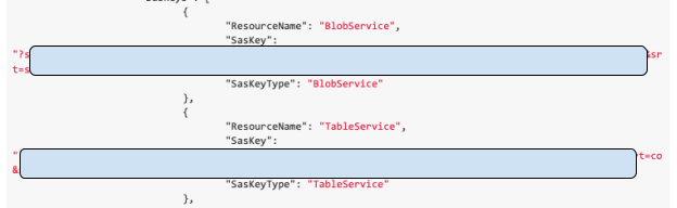 Screenshot of code with highlighted sections showing resource names as "BlobService" and "TableService." Some information has been redacted. 