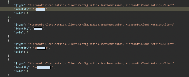 A screenshot displaying code related to Microsoft Cloud permissions configuration. The repeated line of text includes references to identity, metrics, and user permissions within the Microsoft ecosystem. Some info is redacted. 