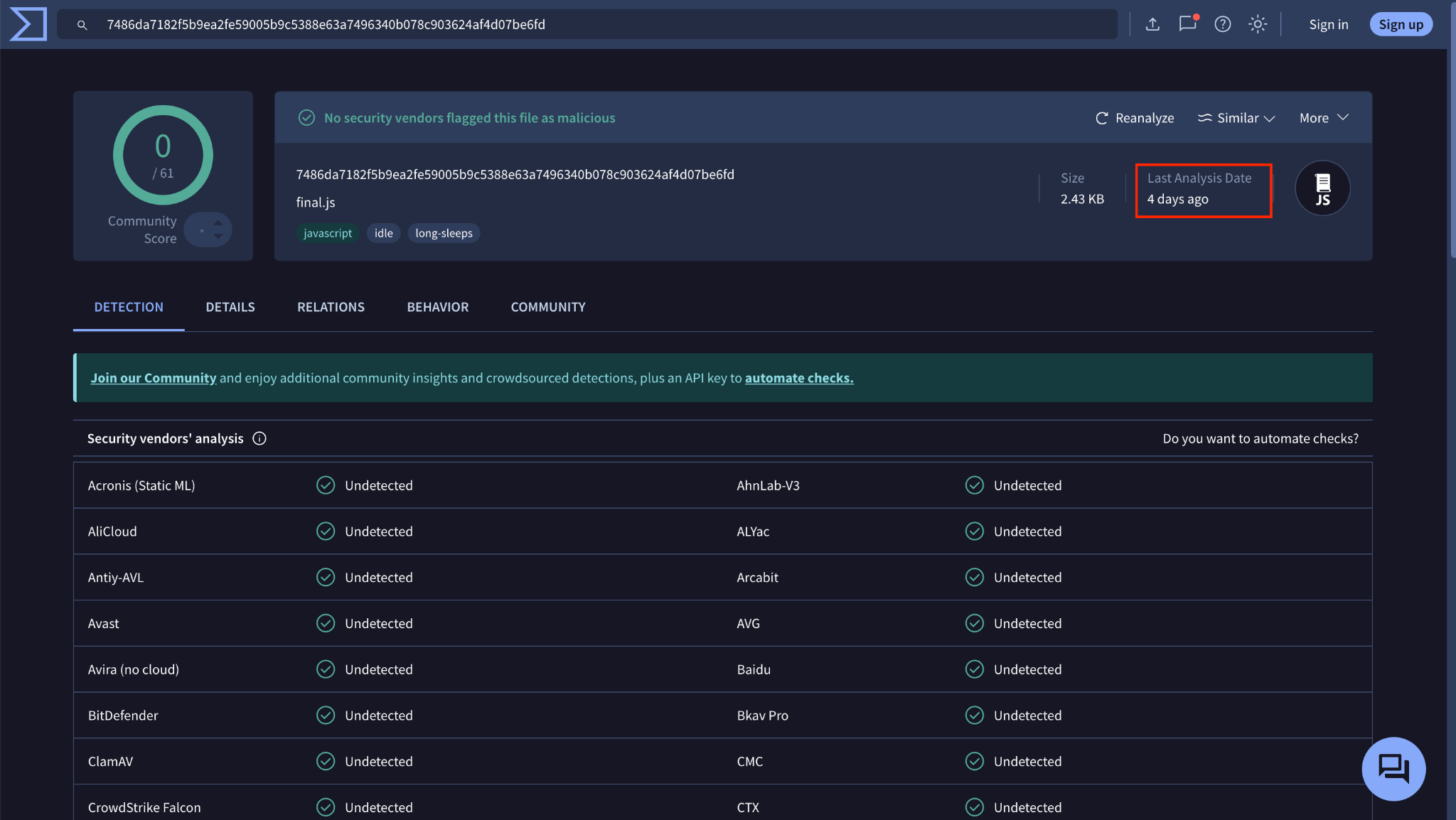 Screenshot of VirusTotal displaying an analysis of a file, with tabs like Overview, Details, Relations, and Behavior visible. Various security checks and assessments are shown in the interface, with statuses such as 'Undetected' and names like Avast and BitDefender listed under community results. The last analysis date is highlighted in a red box. 