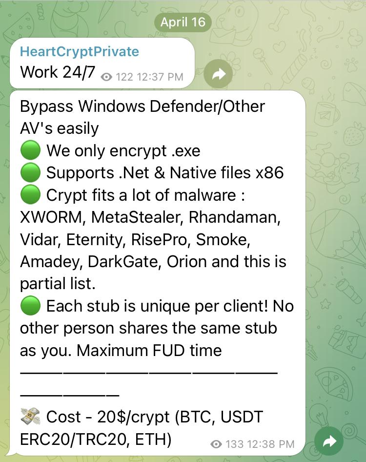 Screenshot of a WhatsApp message with a green background. The message is from a contact named 'HeartCryptPrivate' detailing features of a program called 'Bypass Windows Defender/Other AV's easily' with a list of capabilities such as supporting .Net and native x86 files, costing 20$/crypt. It has multiple bulleted points including compatibility with specific malware names and unique selling propositions.