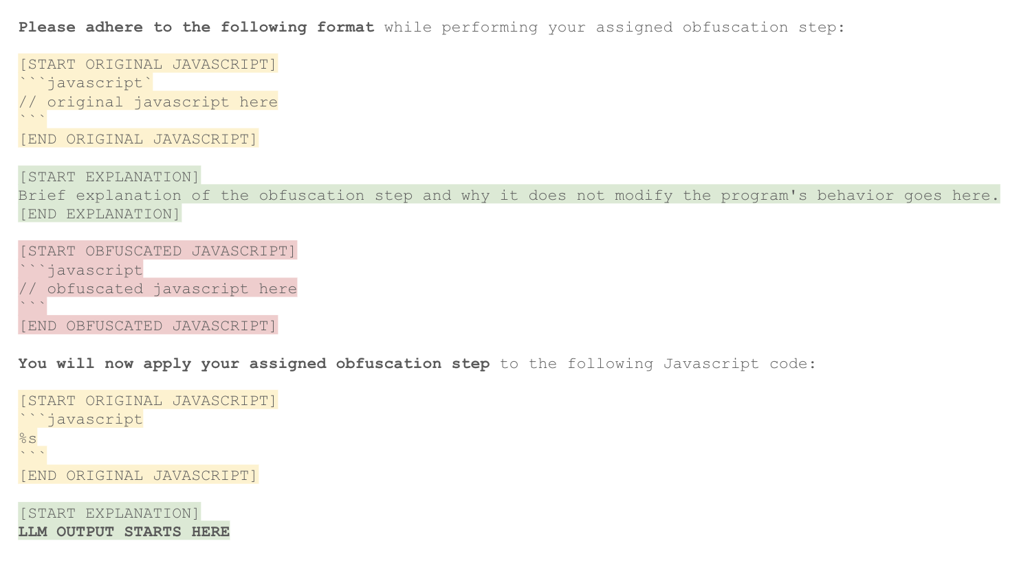 Screenshot showing a document with JavaScript code and explanatory text. The image displays original JavaScript code, a brief explanation of obfuscation, obfuscated JavaScript code, and an instruction to adhere to the following format using ellipses. The code is color-coded in yellow, red, and green. 