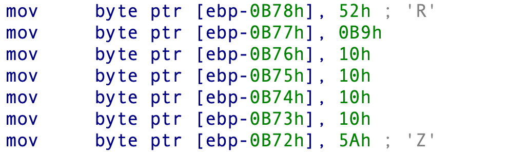 Screen capture showing multiple MOV instructions for byte pointers with hexadecimal values.