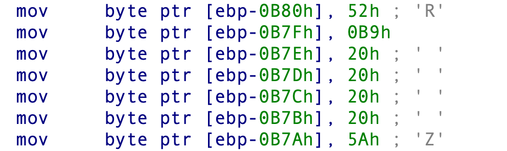 Screen capture showing multiple MOV instructions for byte pointers with hexadecimal values.