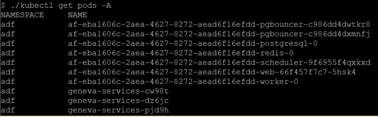 Screenshot of a computer terminal displaying the output of the Kubernetes command "kubectl get pods -A", listing several pods and their names. 