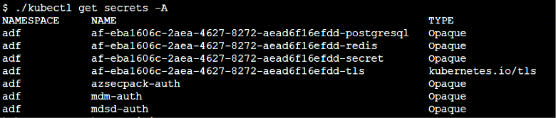 Text-based screenshot depicting the output of a command-line operation to list Kubernetes secrets, showing columns for namespace, name, type, data, and age, with various entries under each heading.