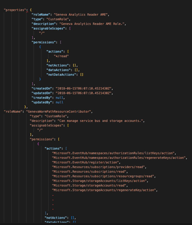 Screenshot of a configuration file for Azure role-based access control, including definitions for role permissions and descriptions.