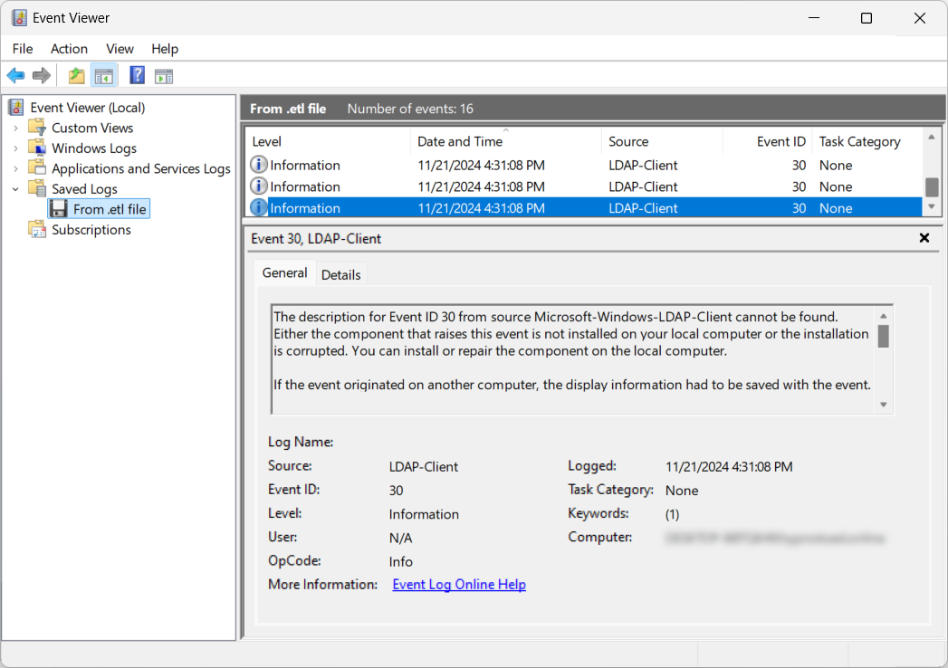 Screenshot of a Windows Event Viewer application showing various system logs with details such as Event ID, Date and Time, Source, and Task Category.