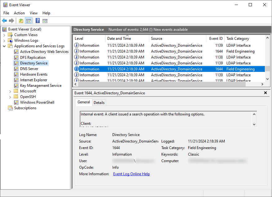 Screenshot of a Windows Event Viewer application showing various system logs with details such as Event ID, Date and Time, Source, and Task Category.