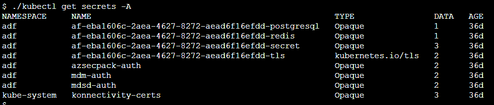 Text-based screenshot depicting the output of a command-line operation to list Kubernetes secrets, showing columns for namespace, name, type, data, and age, with various entries under each heading.