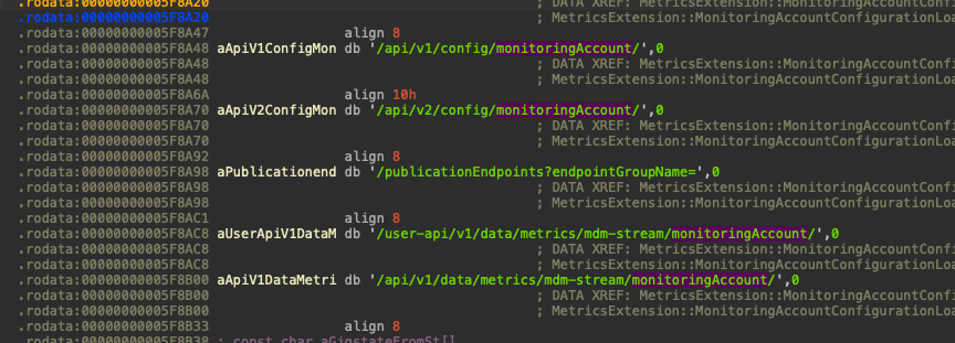 Screenshot of a computer screen displaying various lines of coding and configuration paths related to a monitoring account, which are highlighted in red boxes. 