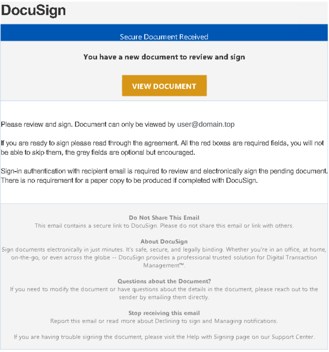 Screenshot of an email notification from DocuSign stating "You have a new document to review and sign." The email includes a "View Document" button and a disclaimer about the security and confidentiality of the electronic document signing process. Instructions and contact support information are also provided.