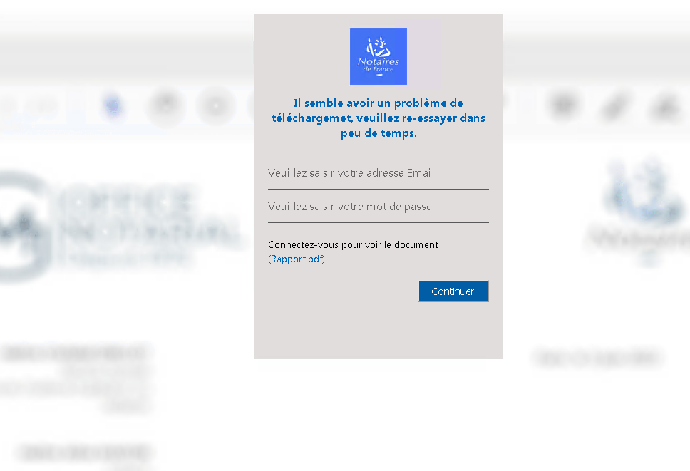 Screen capture displaying a notification with a message in French. There are options to enter an email address, connect to view a PDF, and a continue button.