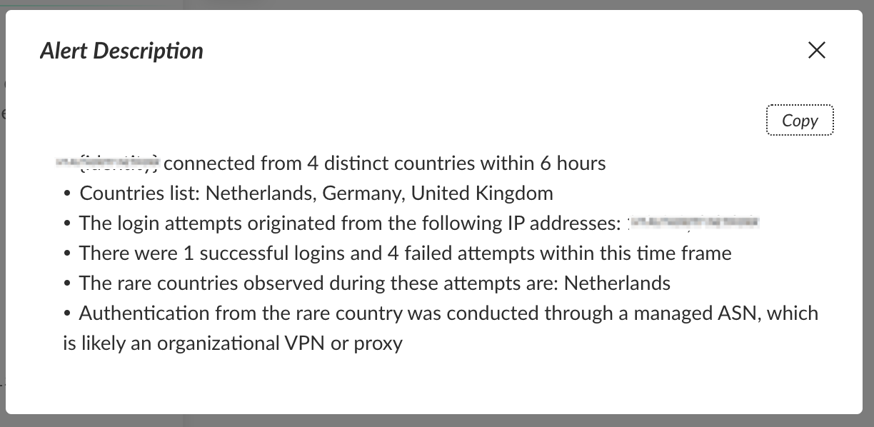 Screenshot of a Cortex XDR alert description window showing a security notification. It lists login attempt details from four countries: Netherlands, Germany, United Kingdom, and an rare country: The Netherlands. It includes successful and failed login attempt numbers, and mentions authentication through a managed ASN, possibly an organizational VPN or proxy. Some information is redacted. 