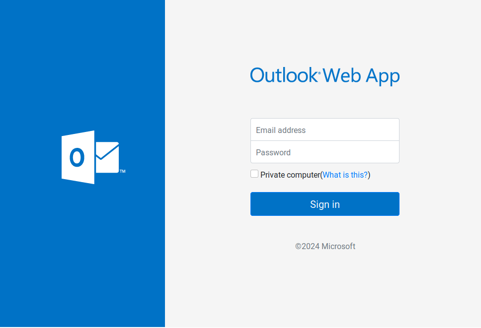 Screenshot of a spoofed Outlook Web App login page, featuring fields for Email address and Password with a Sign In button, and the Microsoft logo at the bottom, set against a blue background.