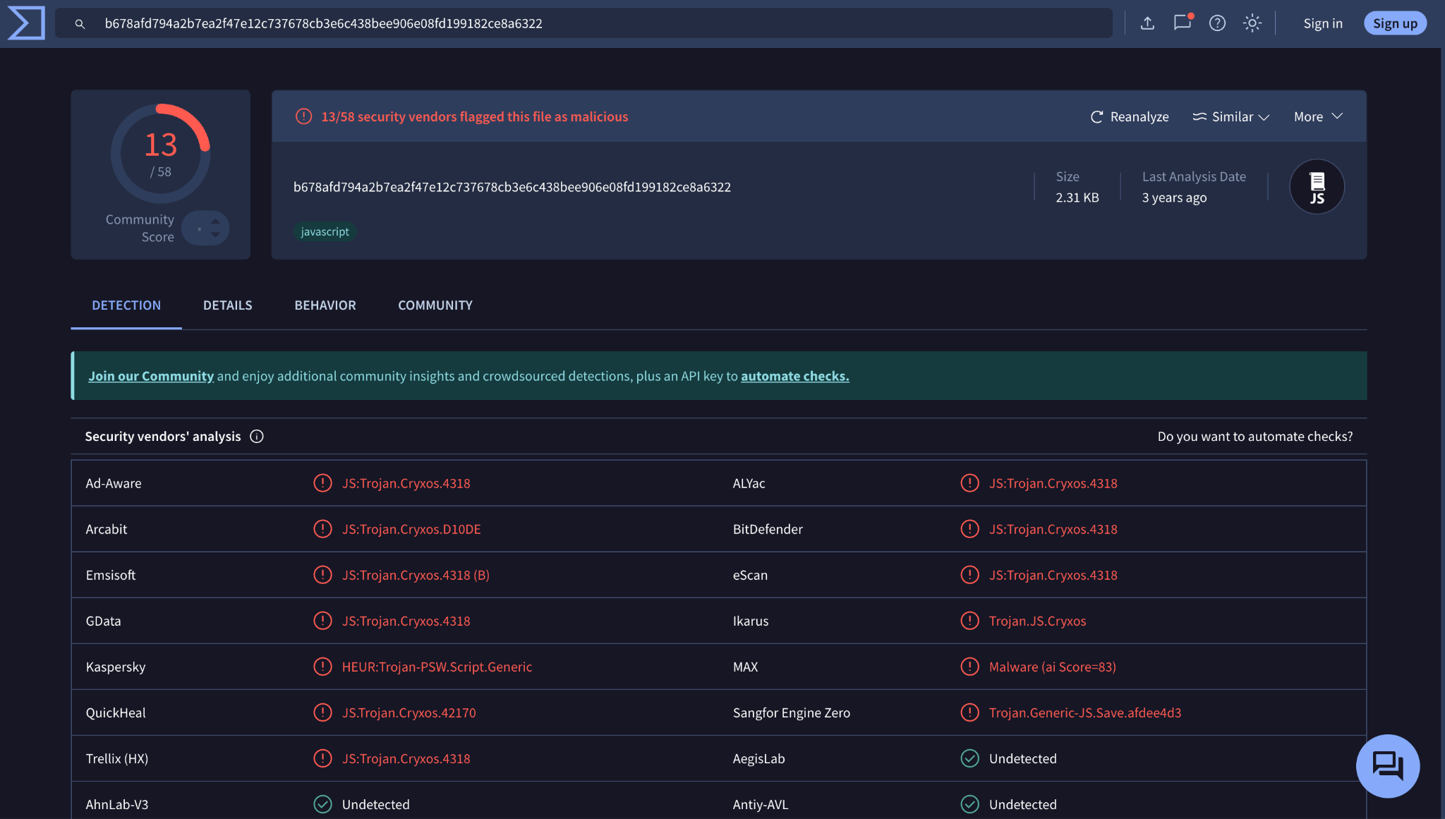 Screenshot of VirusTotal website, displaying security analysis for a file with numerical and community response results, and various anti-virus detections listed. The page layout includes tabs like 'Details', 'Relations', 'Behavior', and 'Community.'