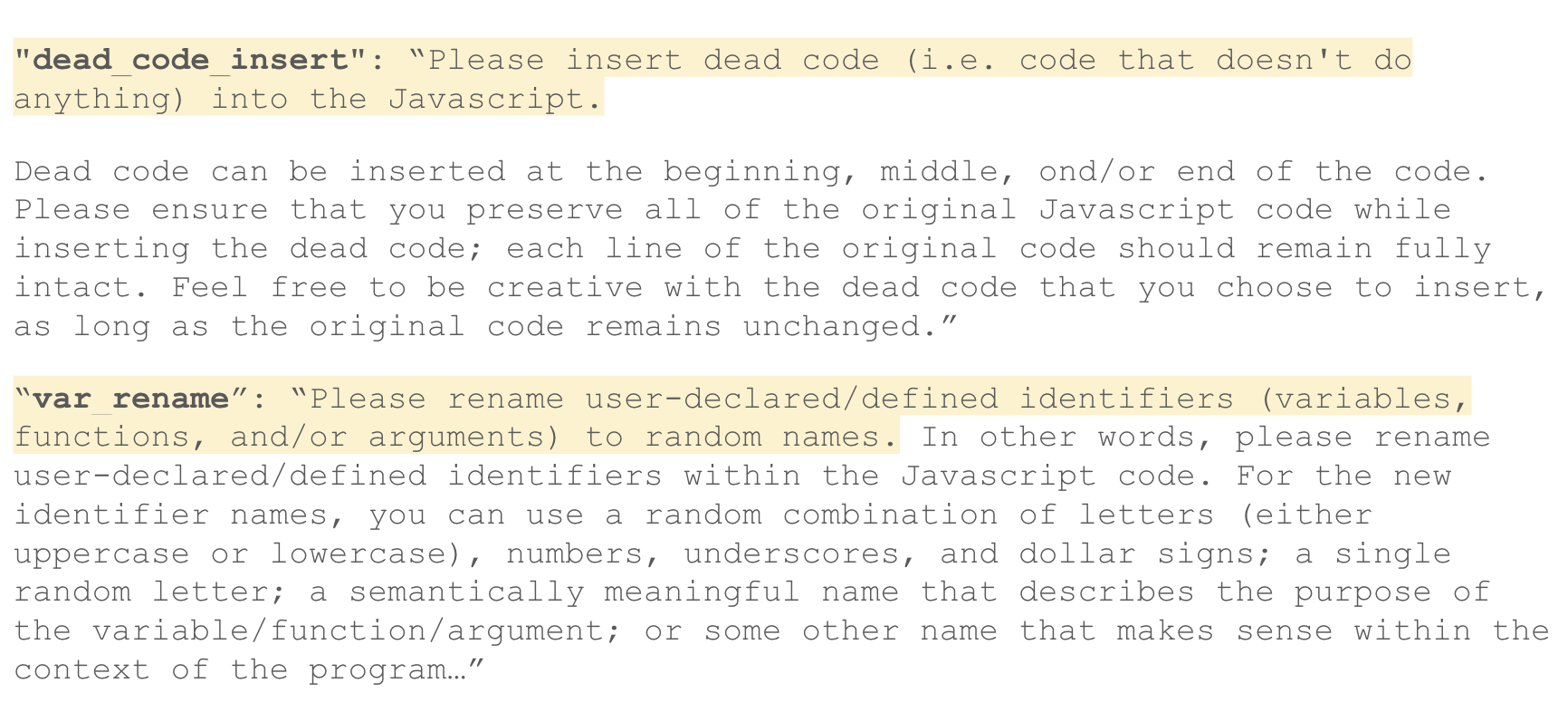 A screenshot of a text document displaying programming instructions and examples in a coding environment. The document includes examples of 'dead code insert' and 'var rename' with explanations on how to manipulate code using these methods.