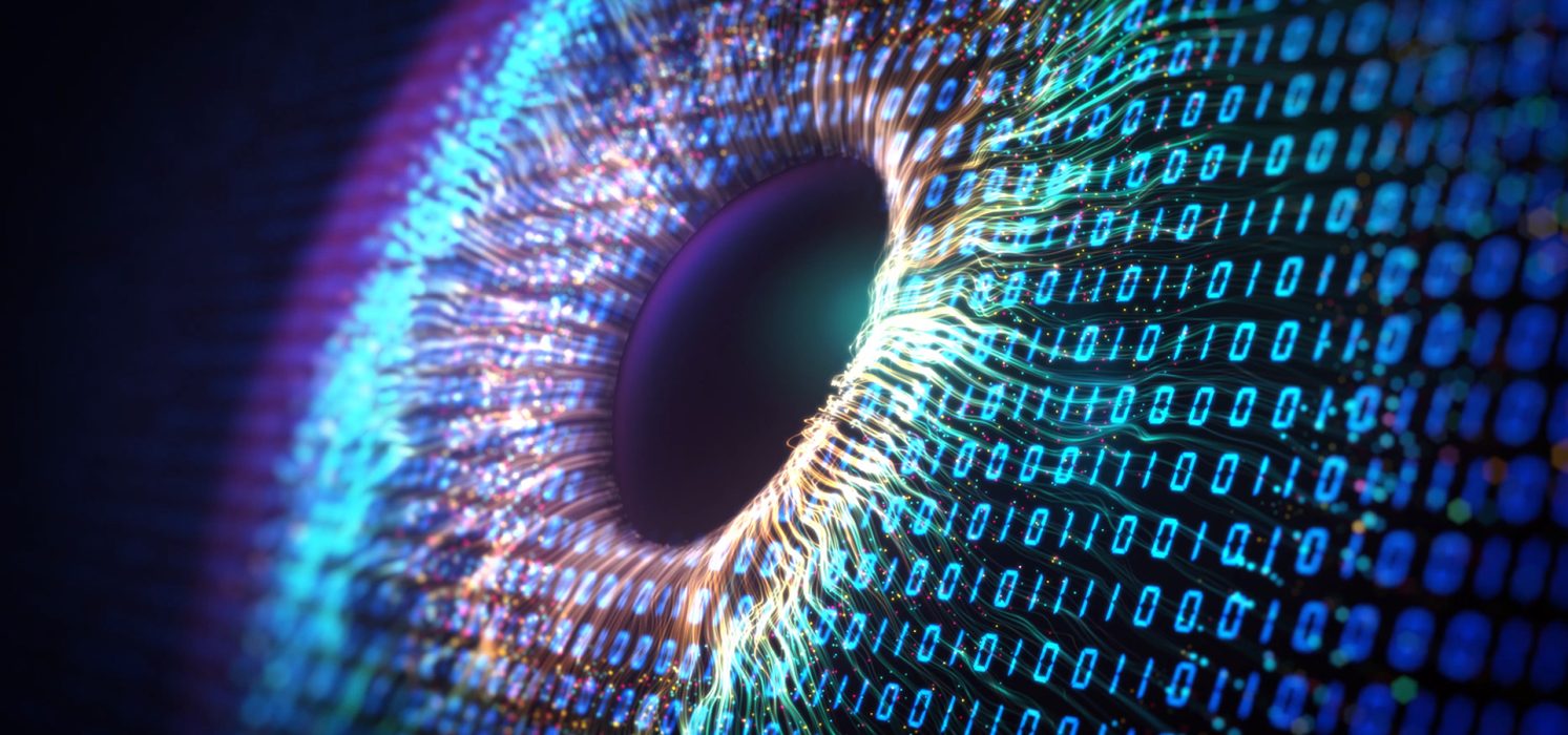 Pictorial representation of graph neural networks. Digital representation of a human eye with binary code superimposed over it, emphasizing concepts of cybersecurity and digital surveillance.