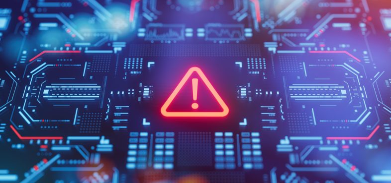 Pictorial representation of vulnerabilities found in NVIDIA CUDA toolkit. Close-up image of a vibrant digital circuit board featuring a central glowing red warning icon surrounded by intricate blue and purple electronic circuit patterns.